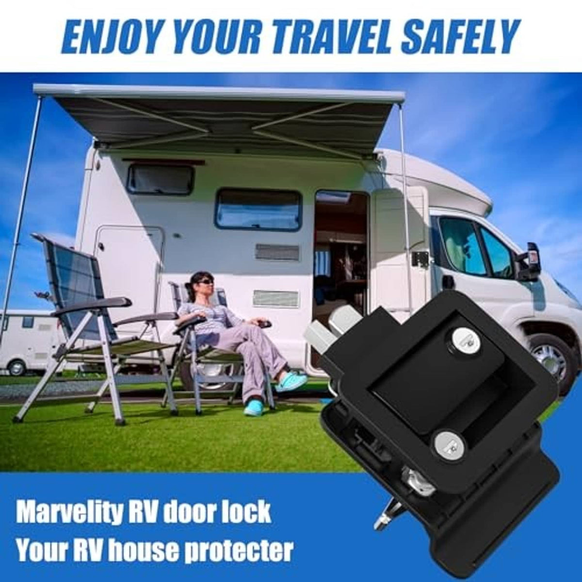 Black RV door lock latch with paddle handle shown mounted on a door