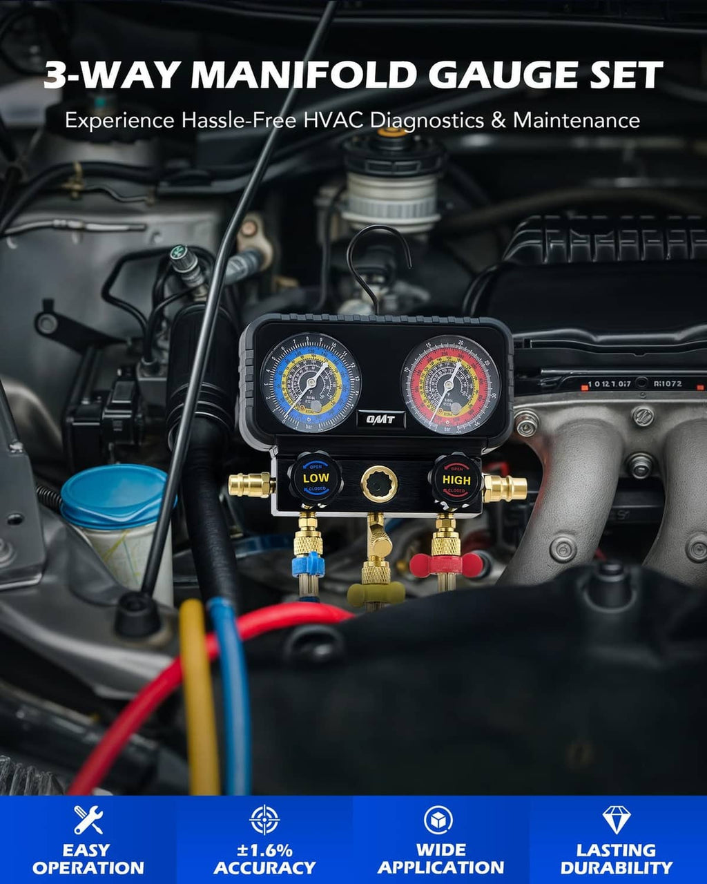 Close-up 3-way manifold gauge with dual pressure dials and low/high brass ports