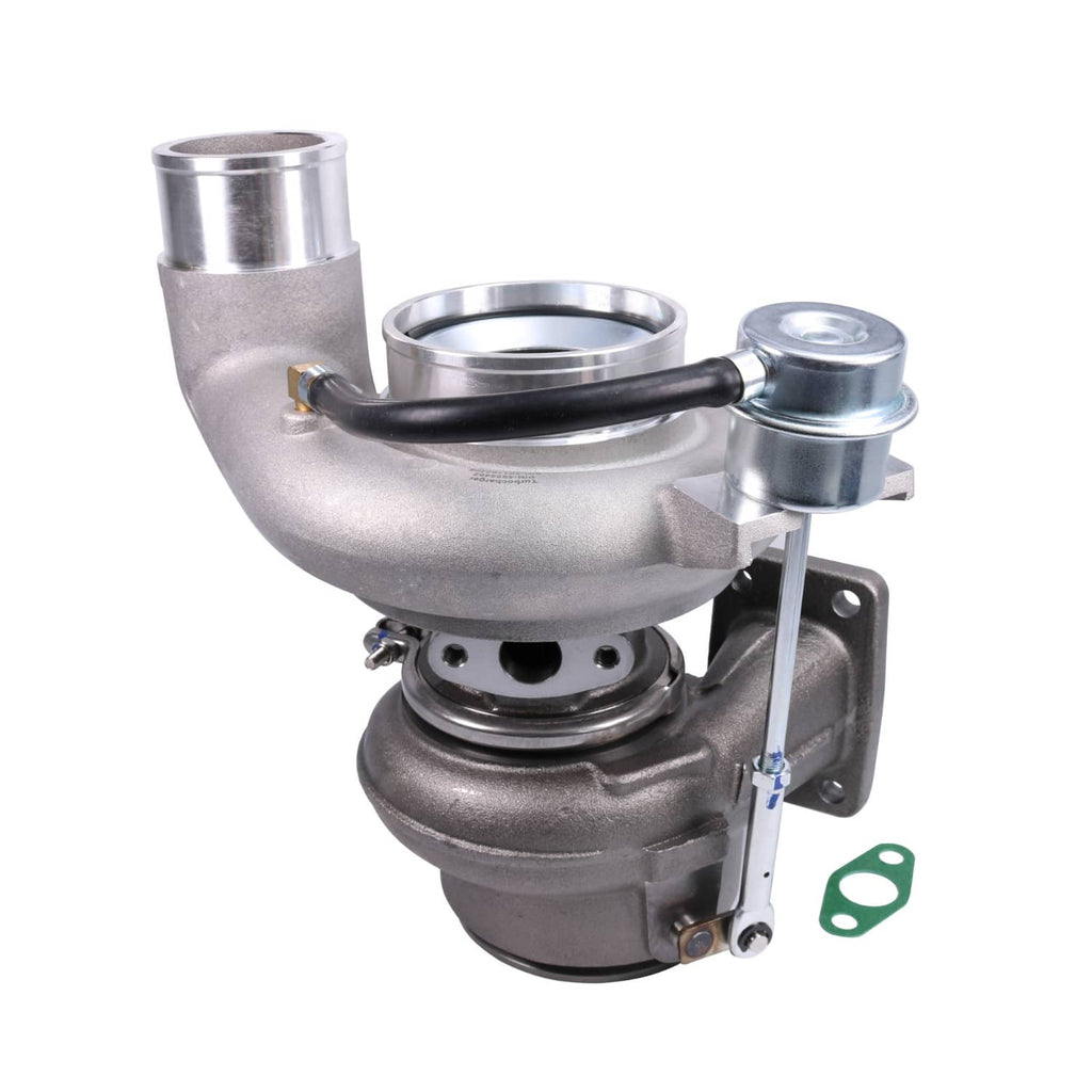 Turbocharger with curved intake elbow, metal wastegate actuator, and mounting gasket