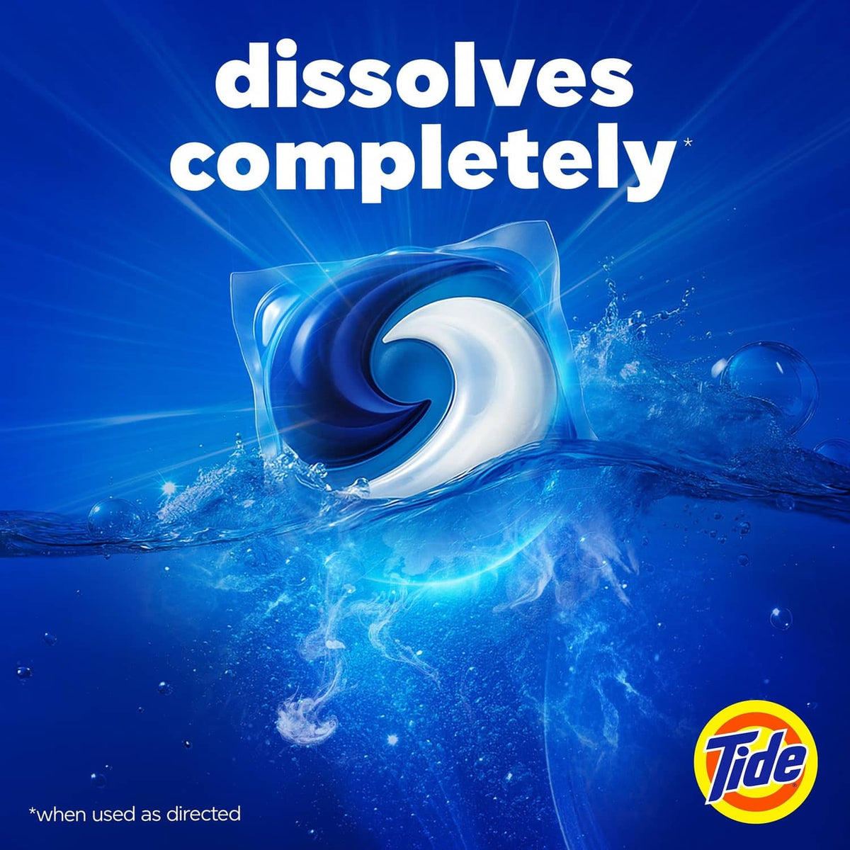 Blue detergent pod dissolving in water with Tide logo emblem