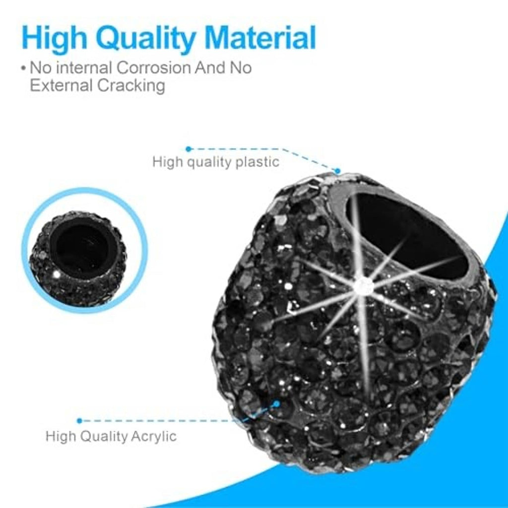 Black rhinestone tire valve stem cap with open threaded end, round star cross design