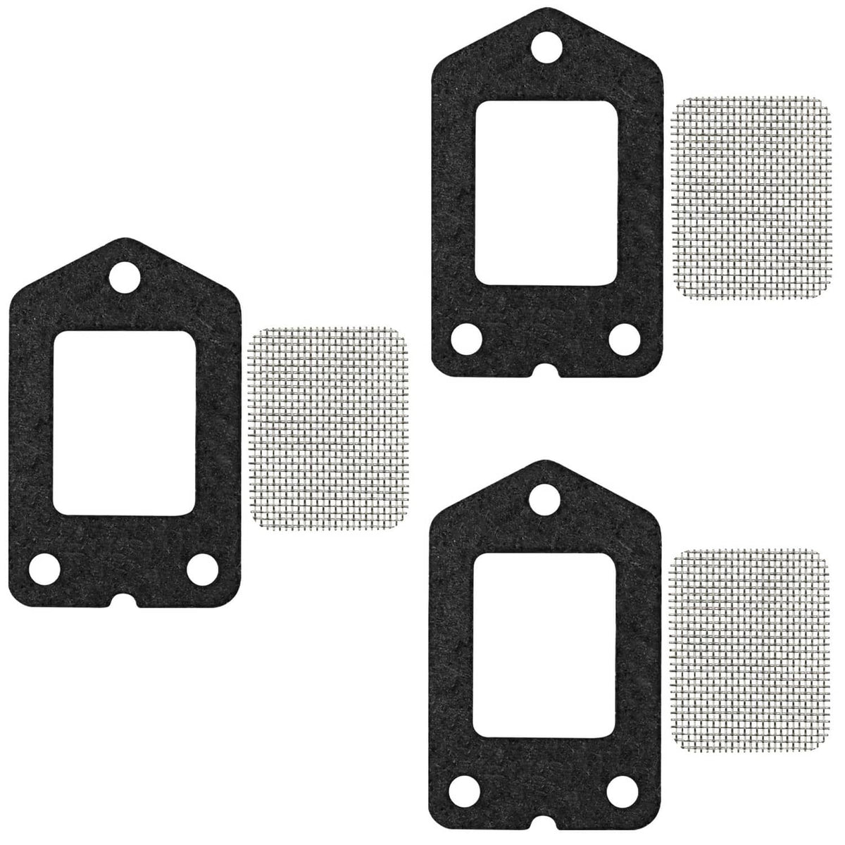 Black muffler gasket with mounting holes and spark arrestor mesh screen pieces