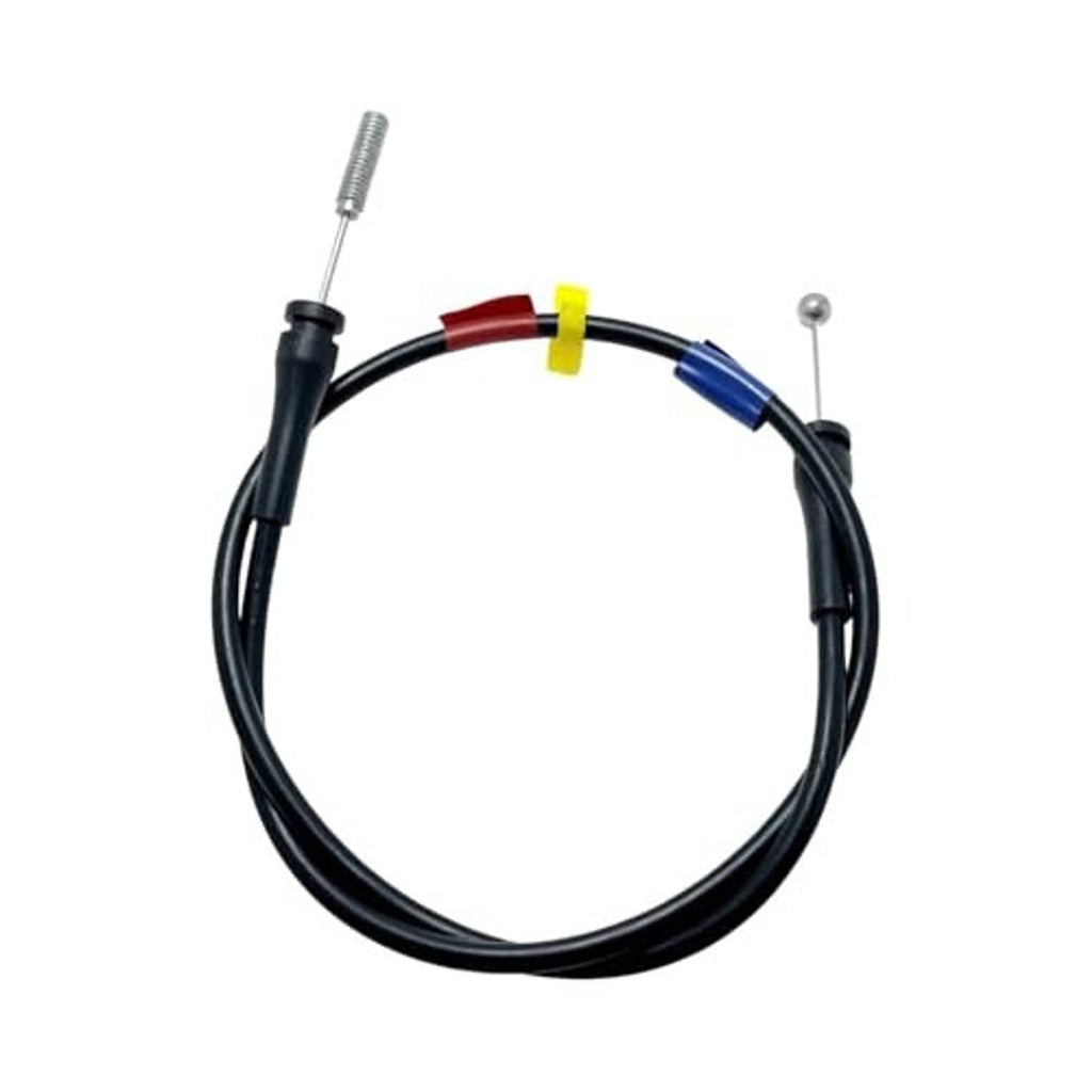 Car door latch release cable with black loop and red/blue/yellow colored wiring splice