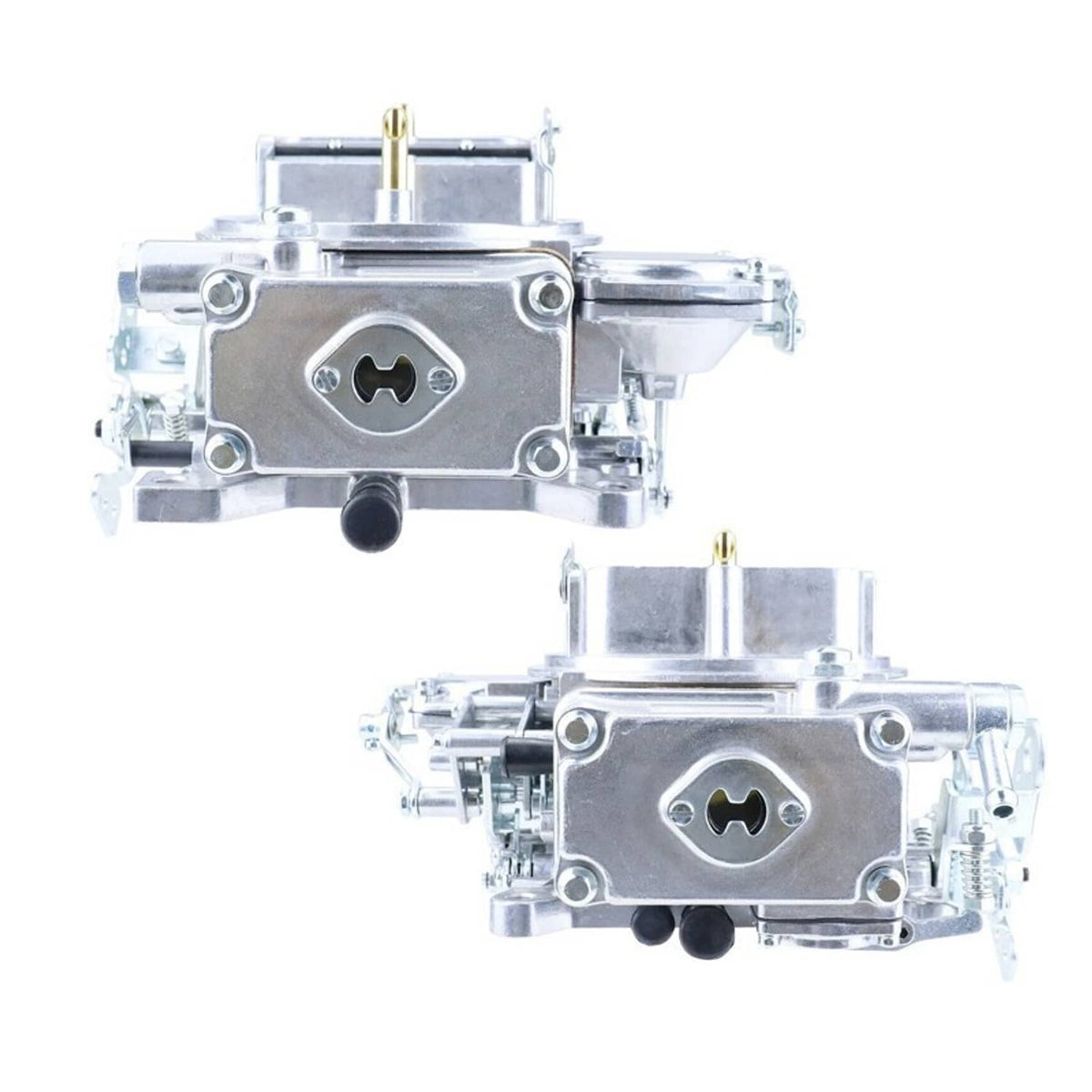Silver 4-barrel carburetor, rear view with fuel inlet port and two cast covers