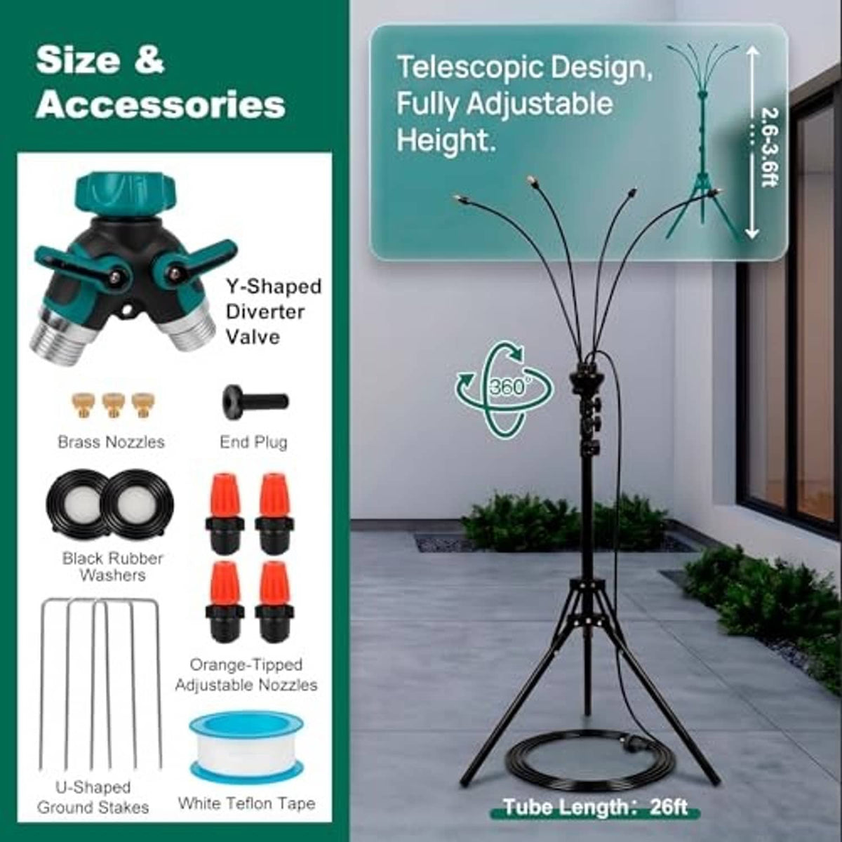 Misting stand size and accessory infographic with telescopic height-adjustable design