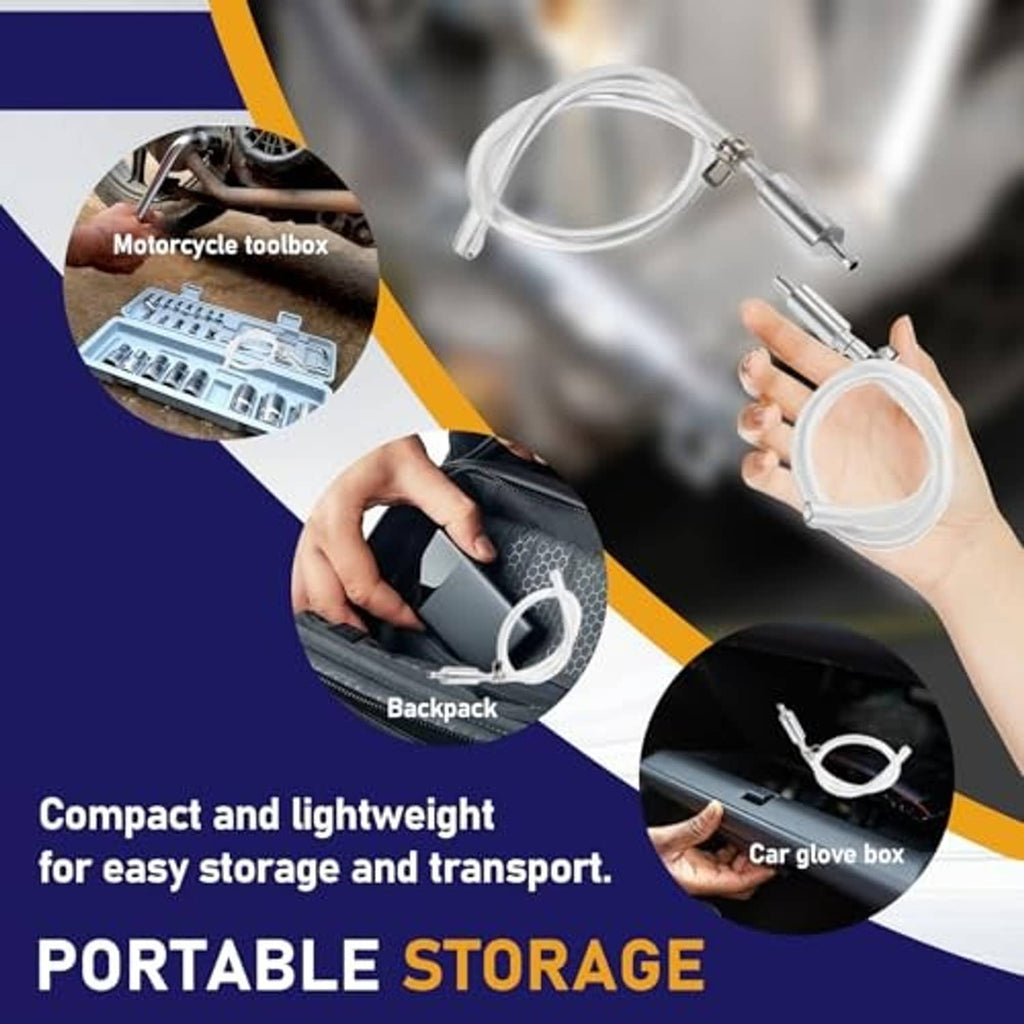 Portable brake bleeder hose kit with white hose loop and metal check valve for storage