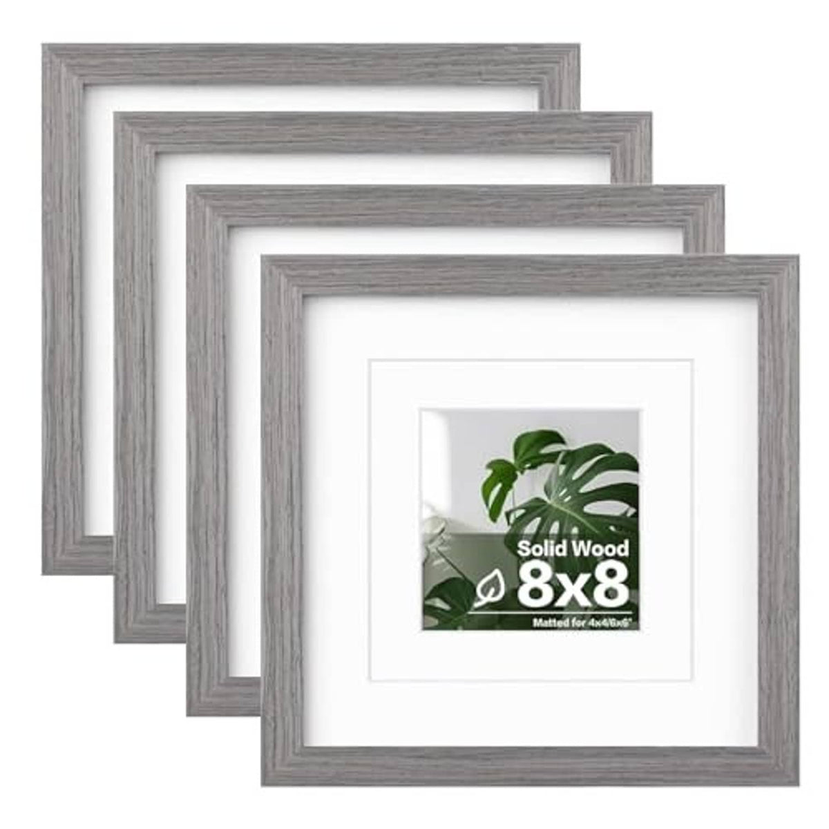 Stacked light grey solid wood photo frames with clear plexiglass, 8x8 display
