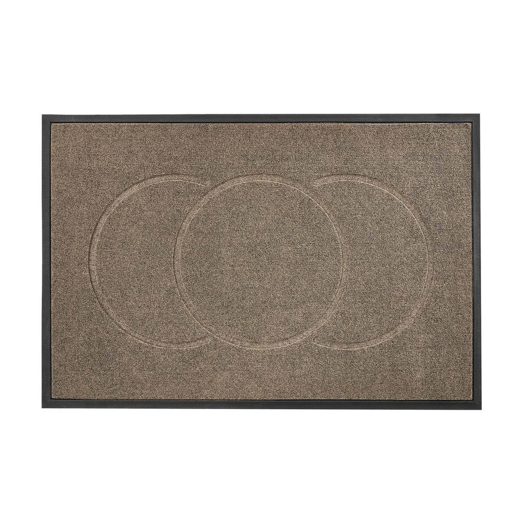 Brown front door mat rug with three-ring circular medallion pattern