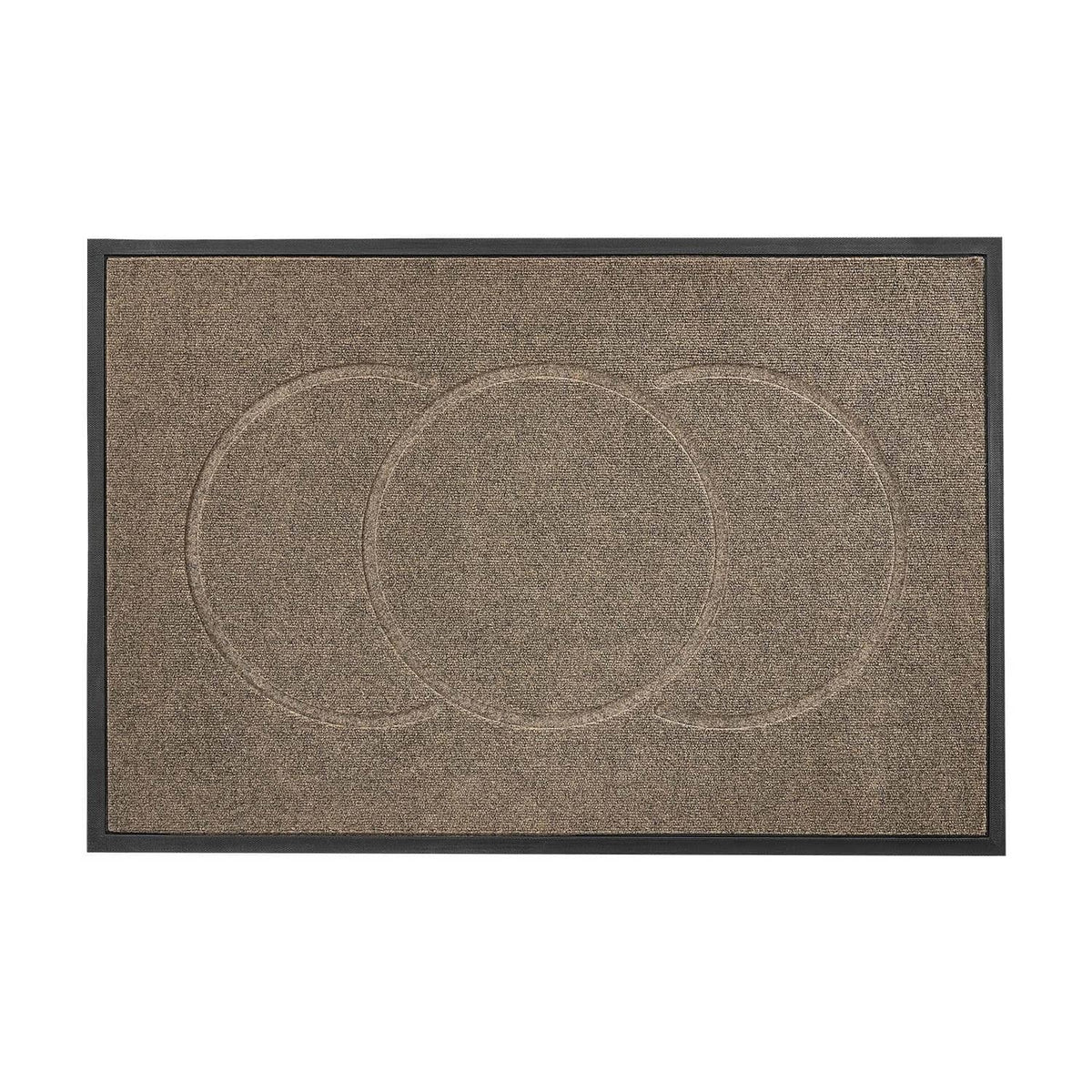 Brown front door mat rug with three-ring circular medallion pattern
