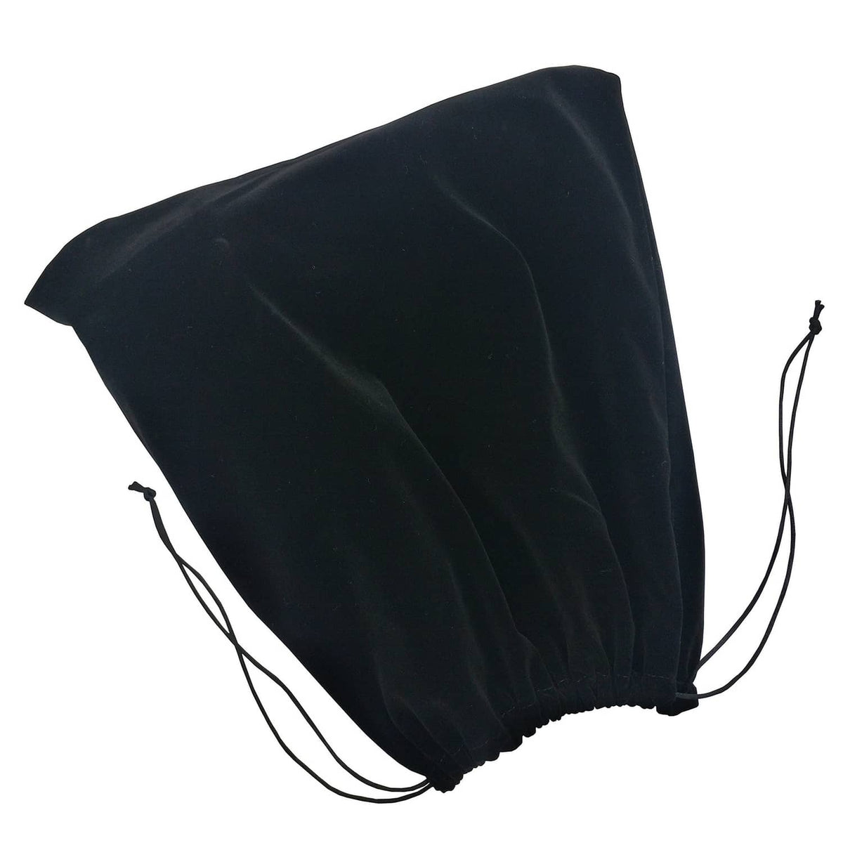 Large black velvet drawstring pouch bag, folded with visible cord ties at edge