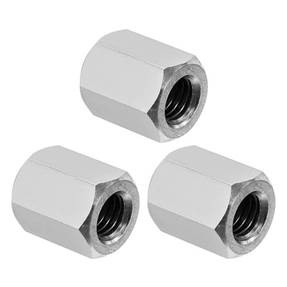 Three stainless steel hex coupling nuts with internal threads, angled view