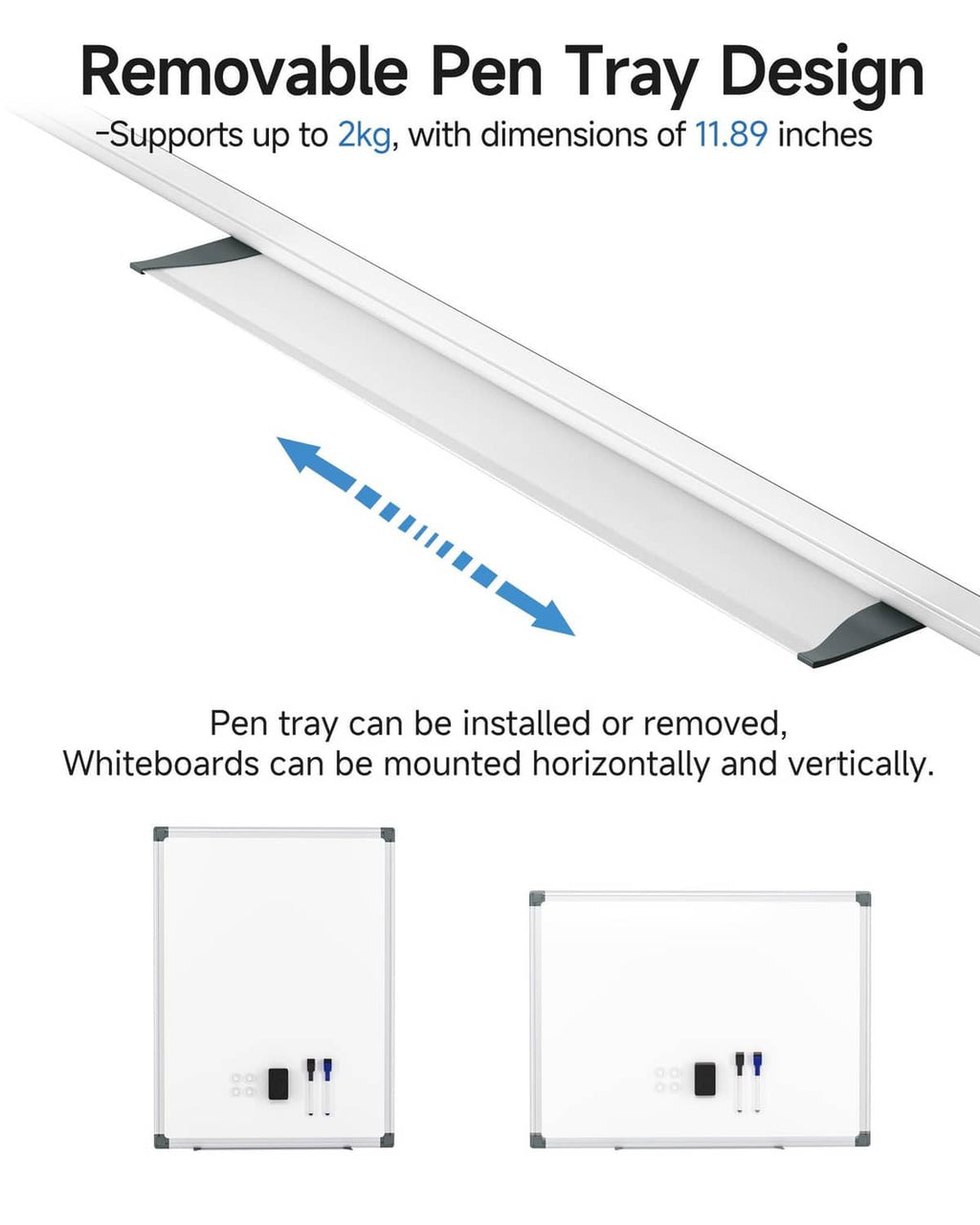 Magnetic dry erase whiteboard with removable pen tray and silver frame
