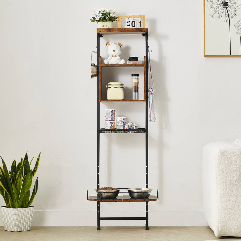 Raised dog feeding station with storage shelves and two metal bowls, dark frame
