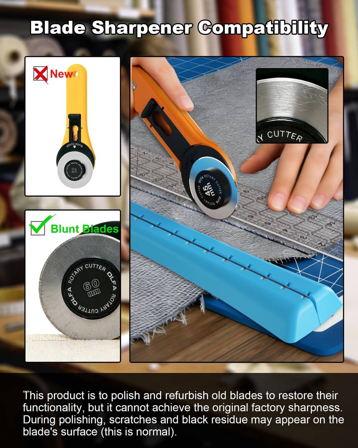 Blue linear rotary blade sharpener with orange wheel, used to sharpen a rotary cutter.