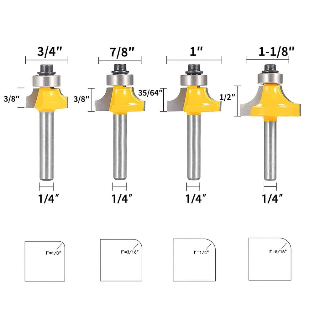Set of roundover router bits with yellow carbide blades, metal shanks, and guide bearings