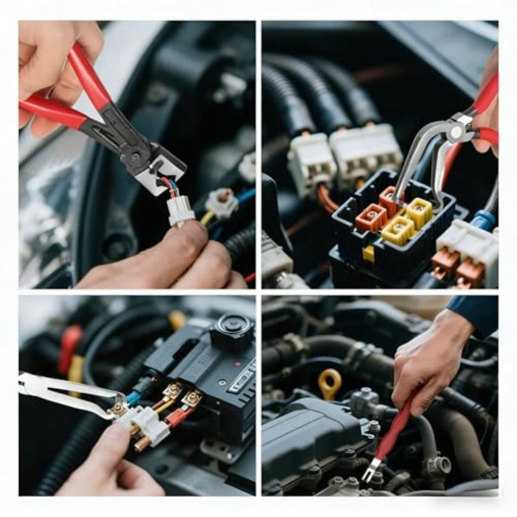 Electrical disconnect pliers used to remove connectors in a car fuse box and wiring area