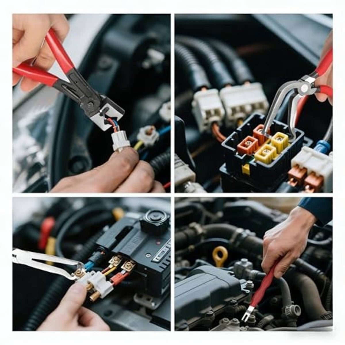 Electrical disconnect pliers used to remove connectors in a car fuse box and wiring area