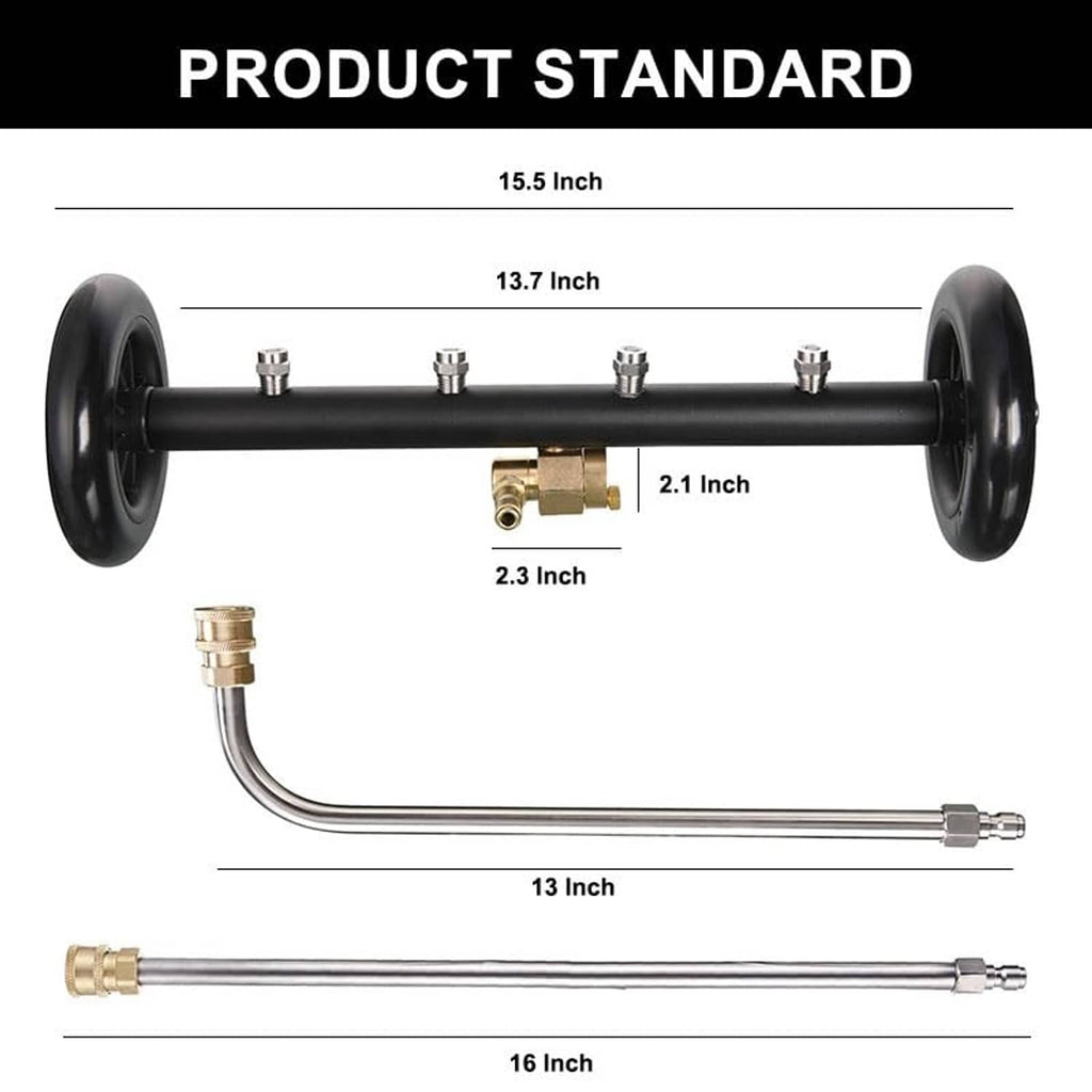 Wheel-mounted undercarriage cleaner bar with brass fittings and two long spray wands
