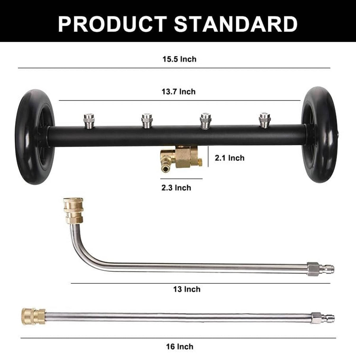 Wheel-mounted undercarriage cleaner bar with brass fittings and two long spray wands