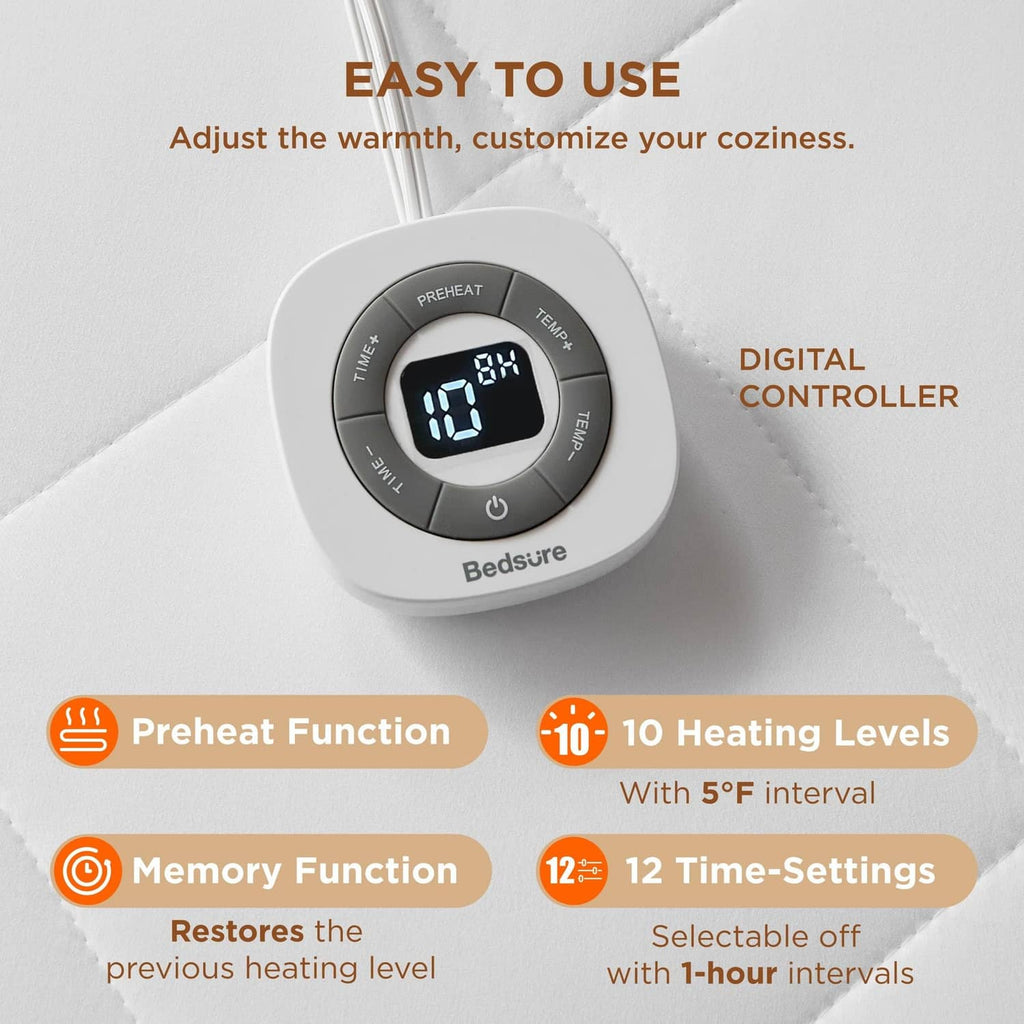 White heated mattress pad with gray digital controller displaying 10
