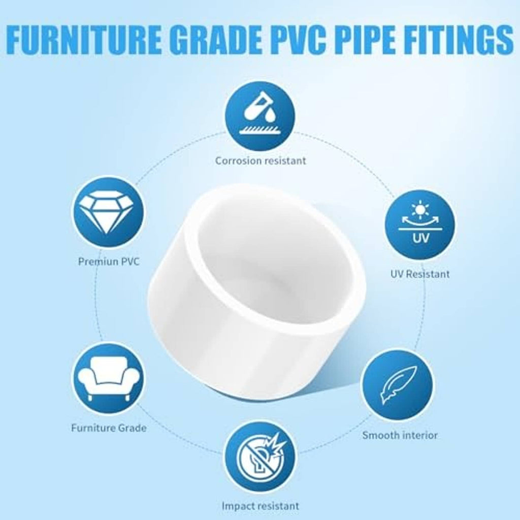 White PVC pipe end cap icon on blue feature graphic