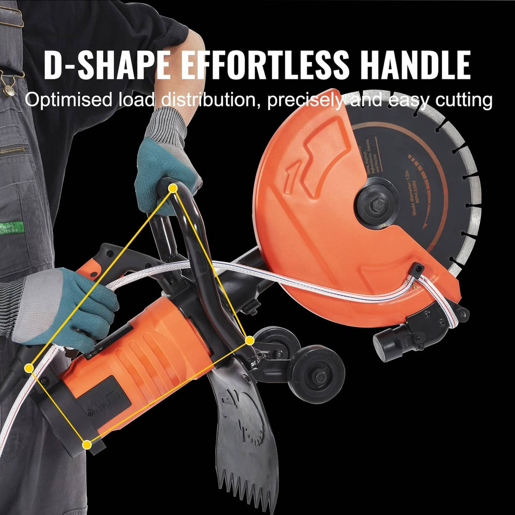 Electric concrete saw with D-shaped handle and cutting disc, orange/black