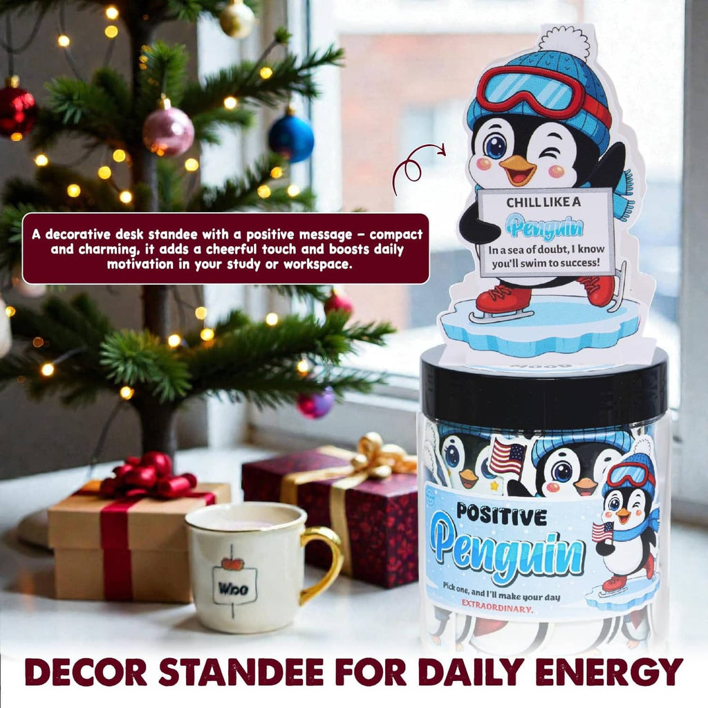 Decorative penguin affirmation card jar with lid and penguin character label