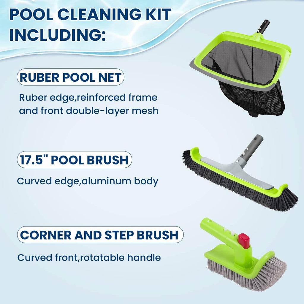 Green rubber-edged pool skimmer net with black double-layer mesh bag