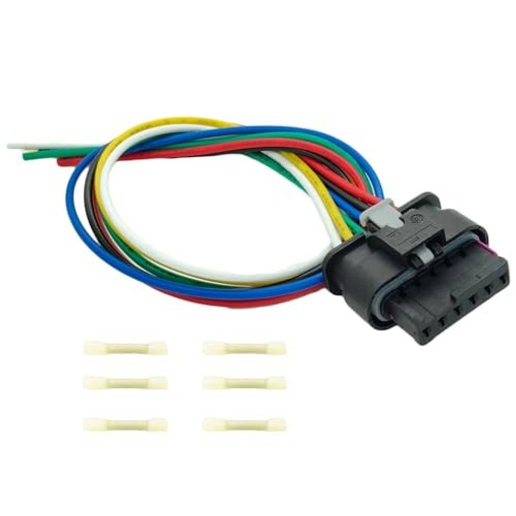 6-pin wiring harness pigtail with black connector and multicolor cable bundle