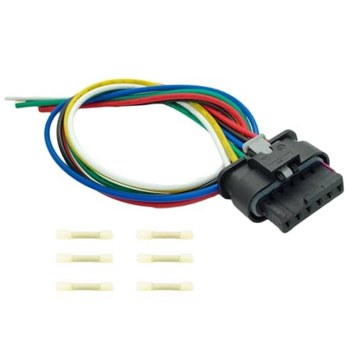 6-pin wiring harness pigtail with black connector and multicolor cable bundle