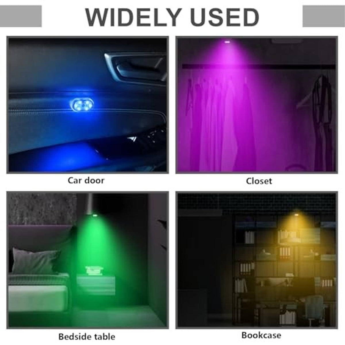 Magnetic LED interior lights for car door, closet, bedside, and bookcase areas in multiple colors