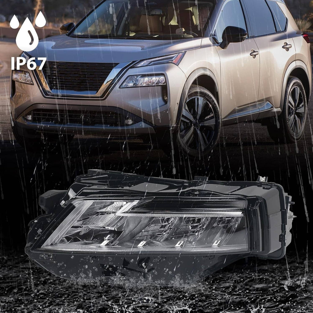 Right passenger-side LED headlight with clear lens and black surround under water