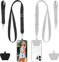 Two phone lanyards, black and white crossbody straps with tether clips and card holders