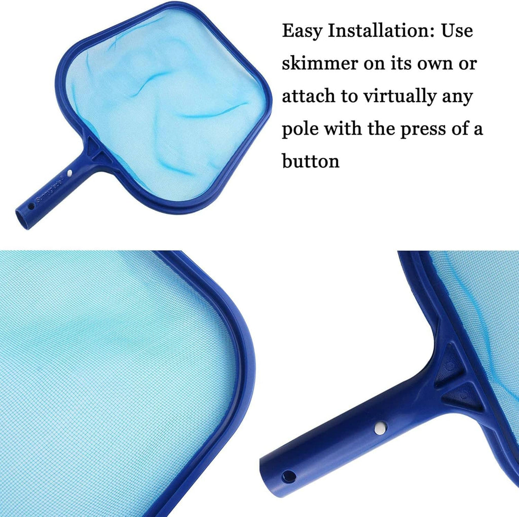 Blue pool skimmer with fine mesh net, short handle, and rounded rectangular frame