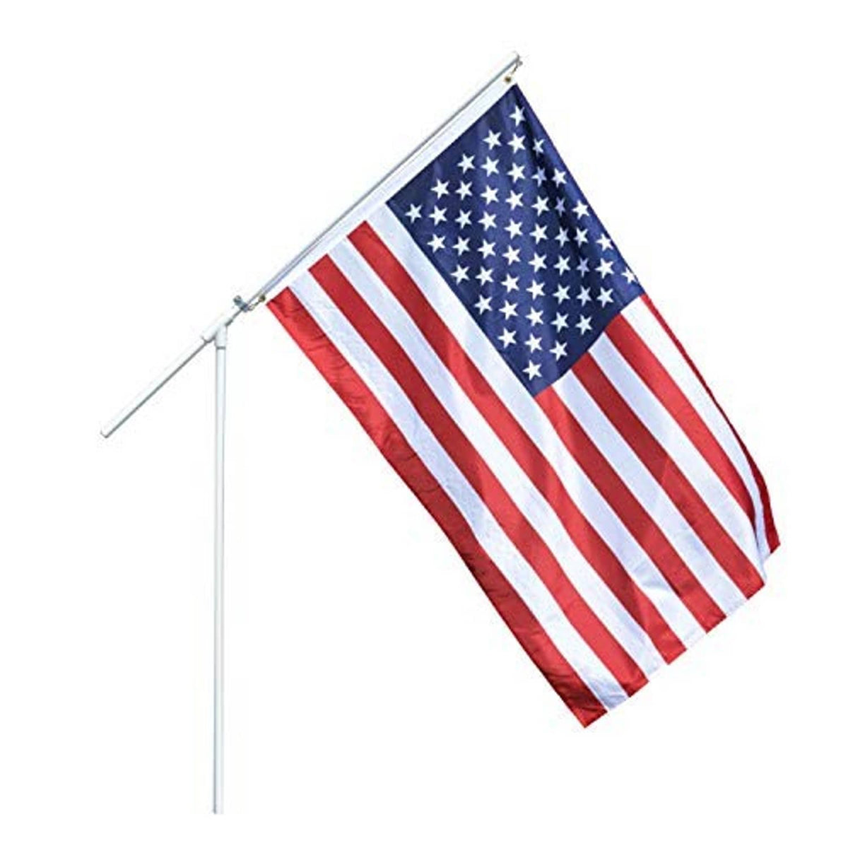 Portable flagpole with U.S. flag on white pole, metal grommets visible