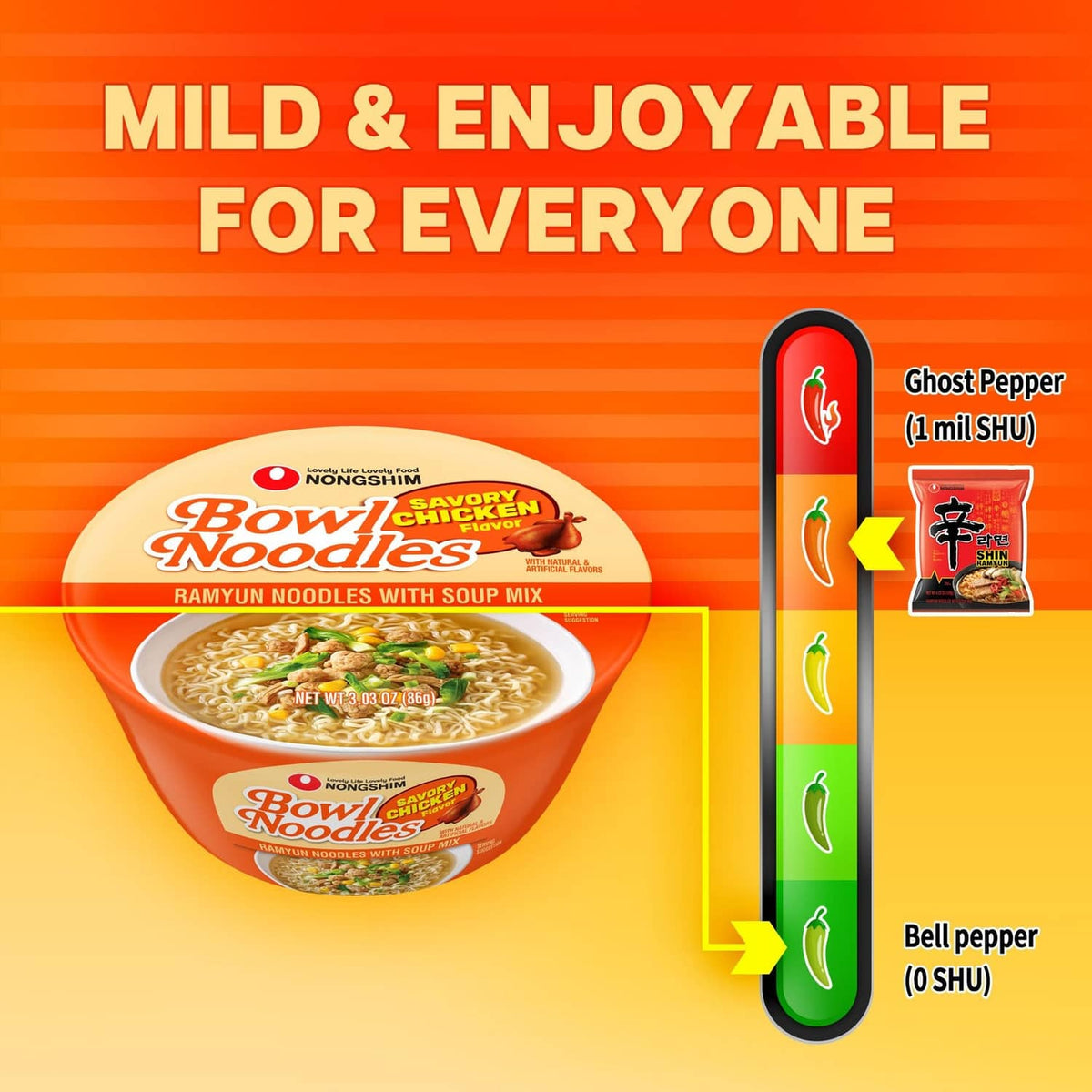 Ramen cup with savory chicken noodles and heat level chart peppers