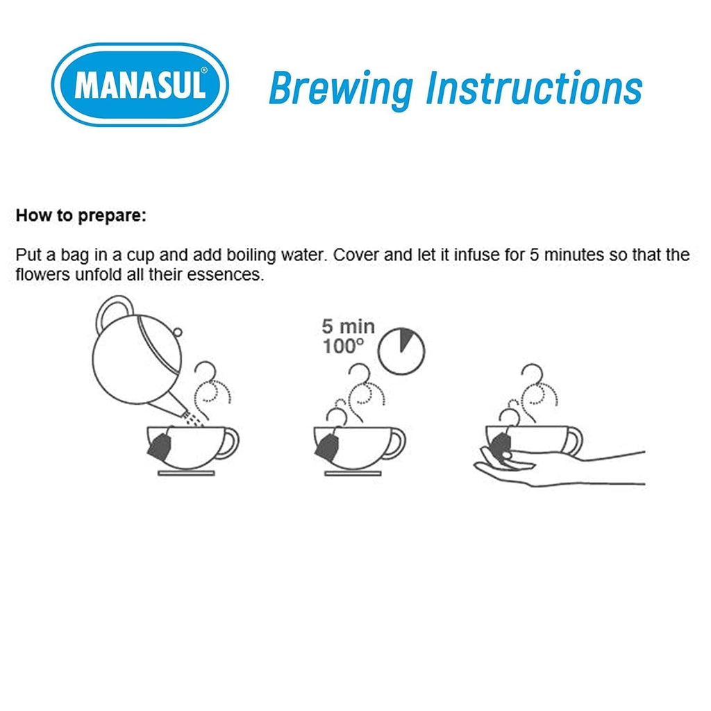 Herbal tea brewing instructions diagram showing a 5-minute infusion in hot water