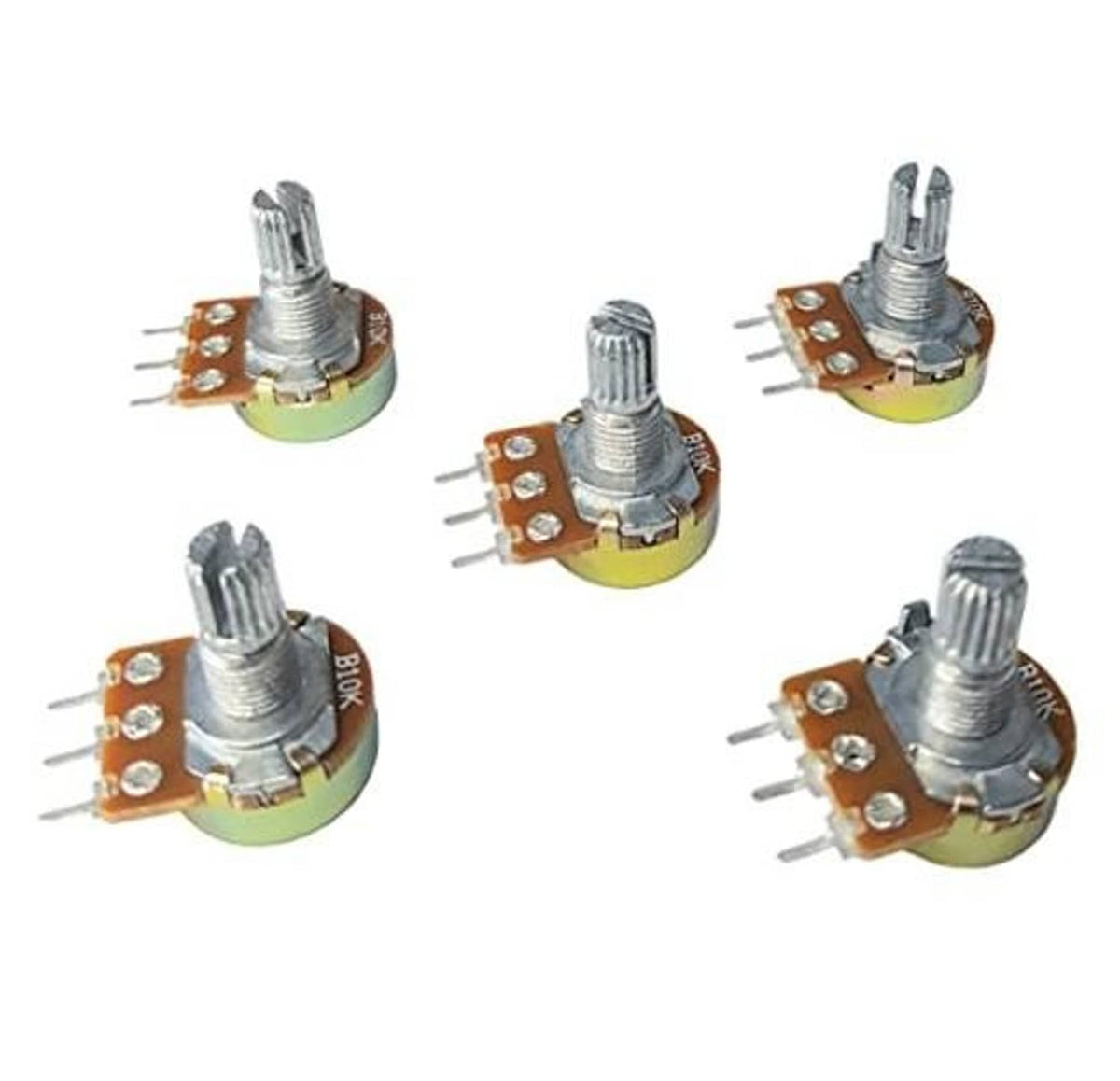 10K ohm potentiometers, metal adjustment shafts on orange PCB with three solder leads