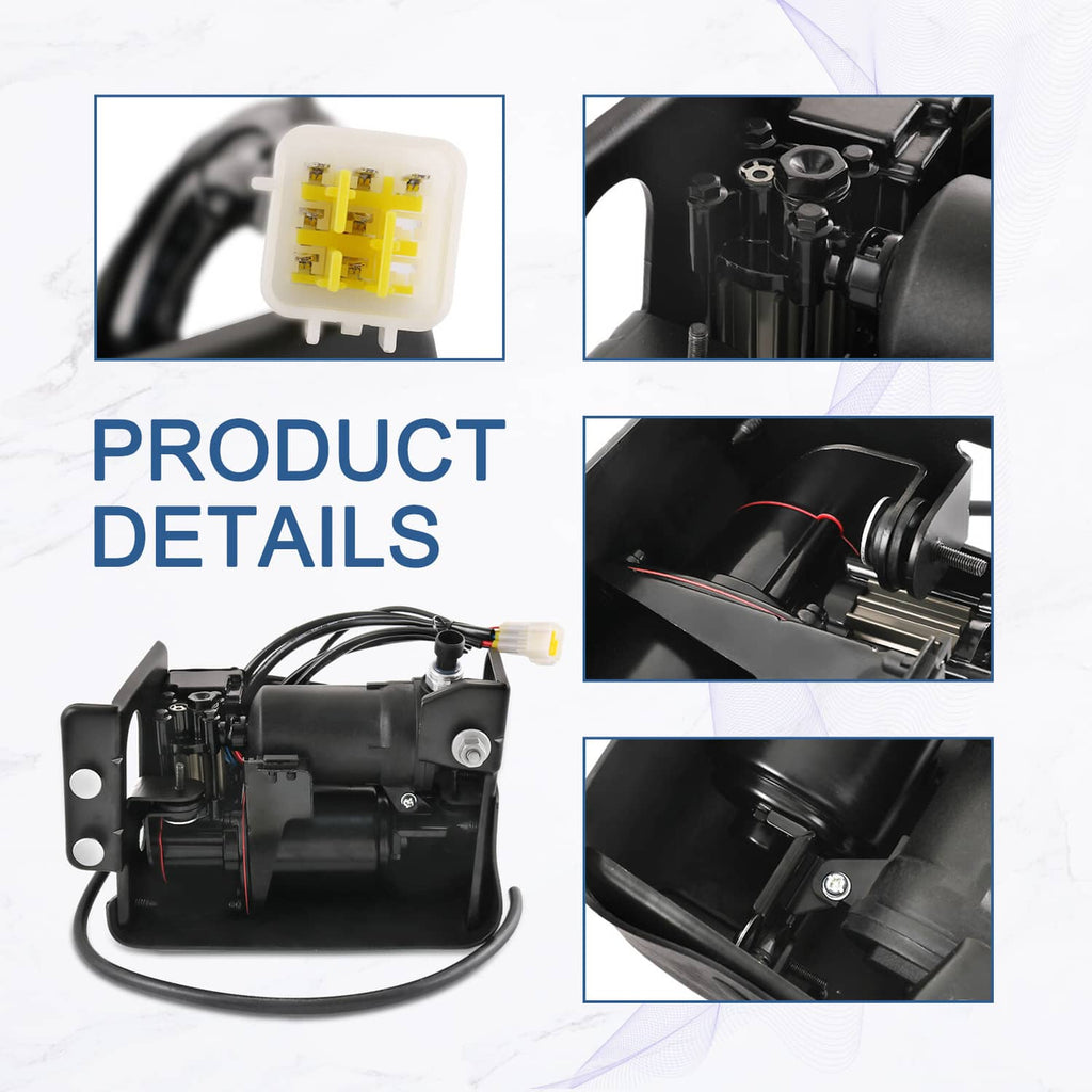 Black air suspension compressor with attached wiring and yellow electrical connector plug.