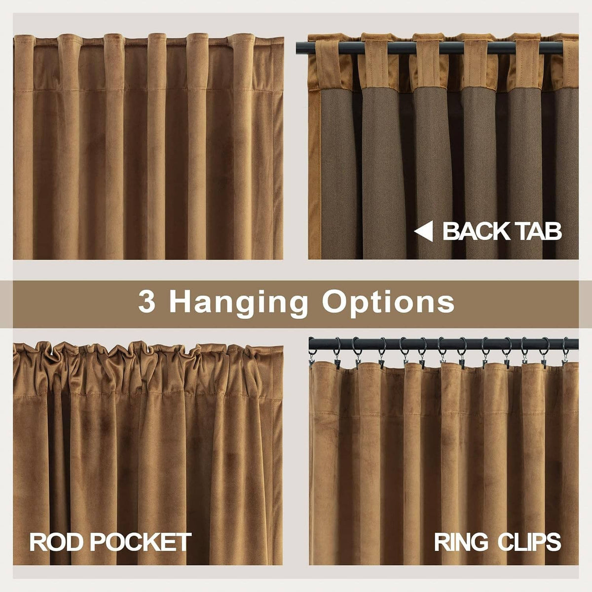 Gold brown velvet curtains showing different top hanging styles.