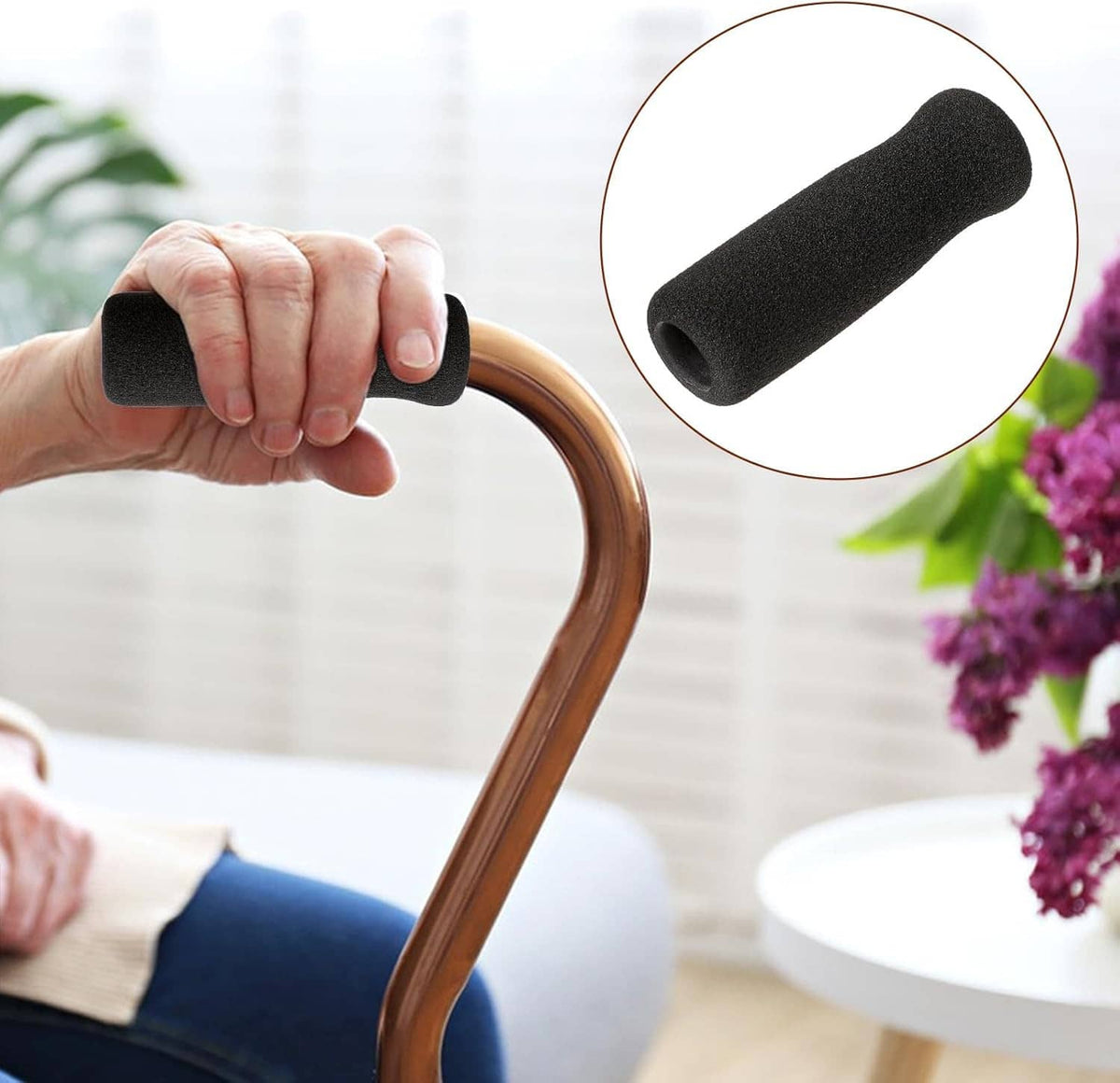 Black foam cane grip sleeve held in hand, cushioned replacement 4-pack