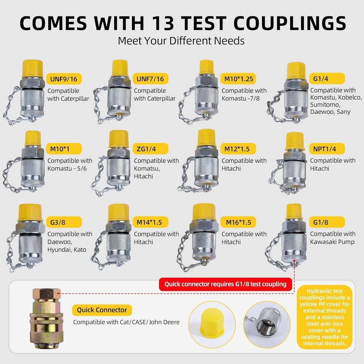 Assorted hydraulic test couplings with quick-connect style fittings and threads
