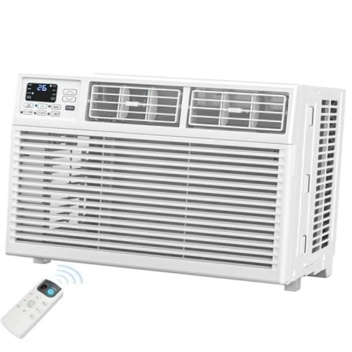 White window air conditioner unit with front grille and control panel, no accessories shown.