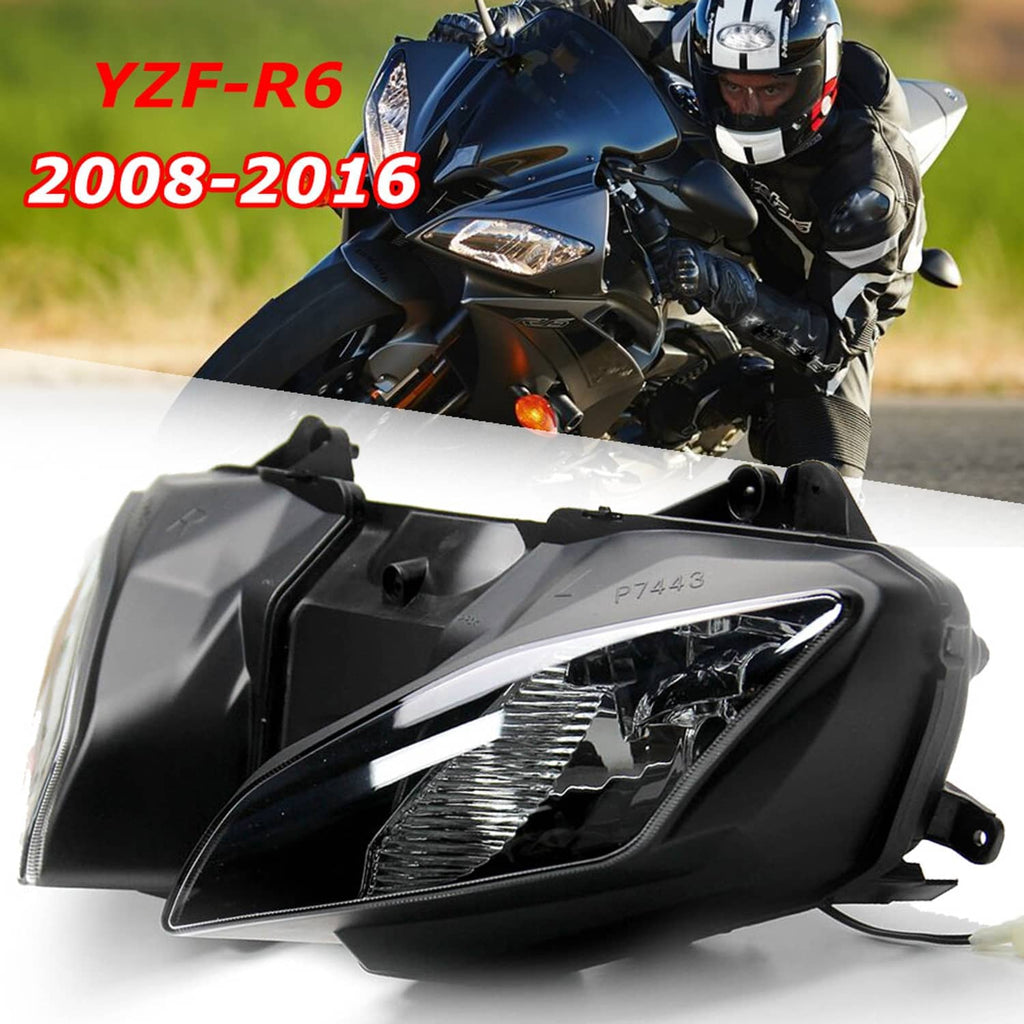 Black motorcycle headlight assembly with clear multi-lens lamps and front bracket