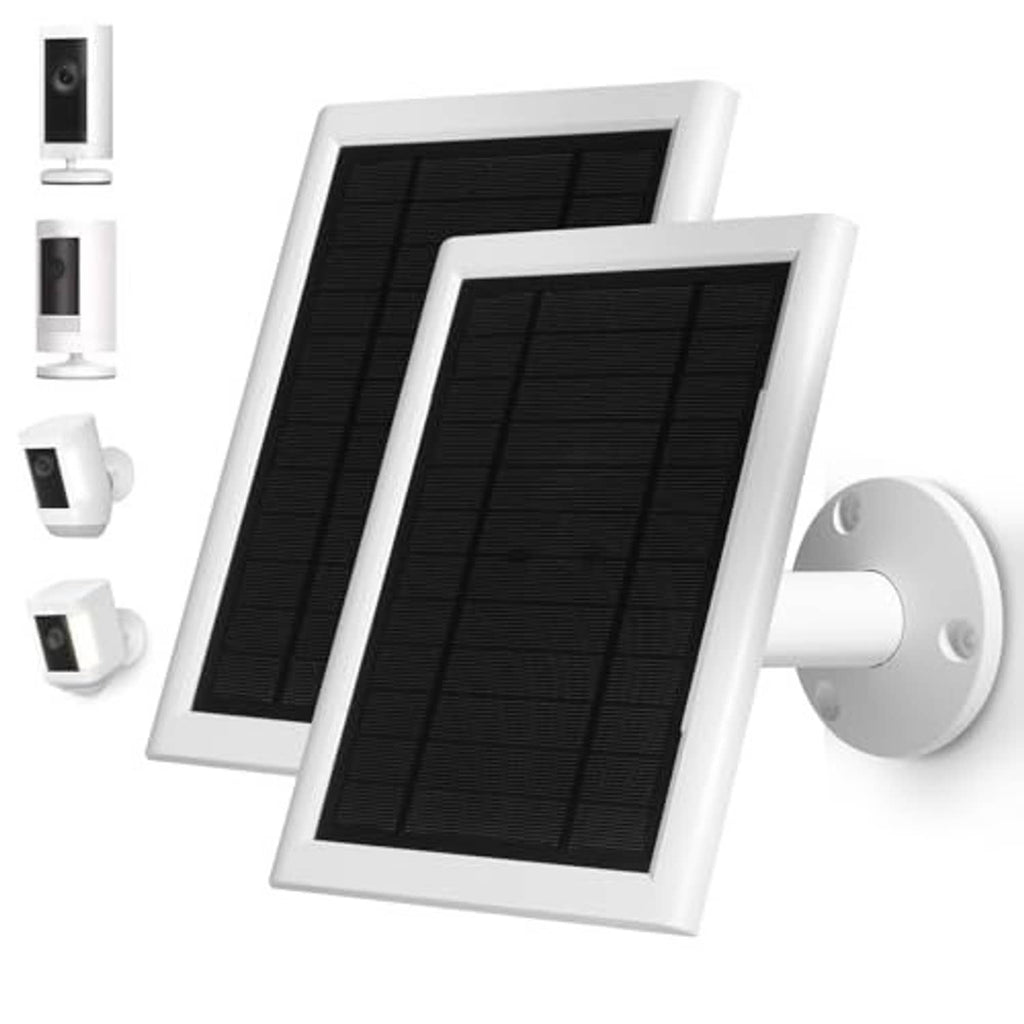 Two foldable-style solar panels with black cells and white wall mount bracket
