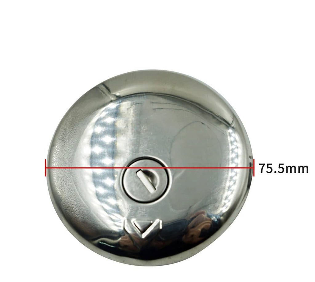 Silver fuel tank lock cap face with key slot and black lock core