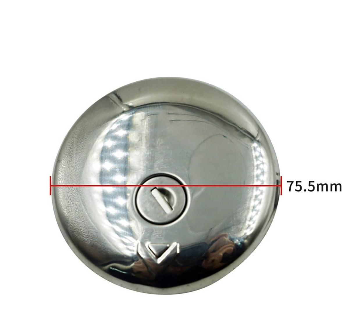 Silver fuel tank lock cap face with key slot and black lock core