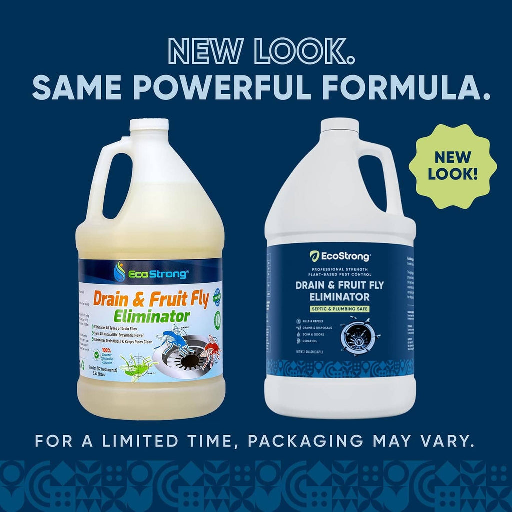 EcoStrong drain and fruit fly eliminator product bottles, new look packaging