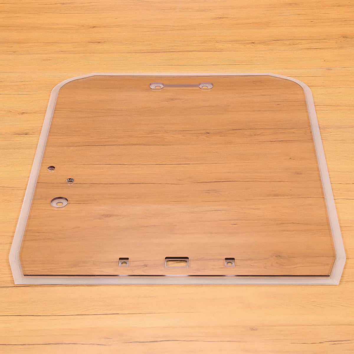 Door glass window panel with edge seal outline and bottom fastener cutouts