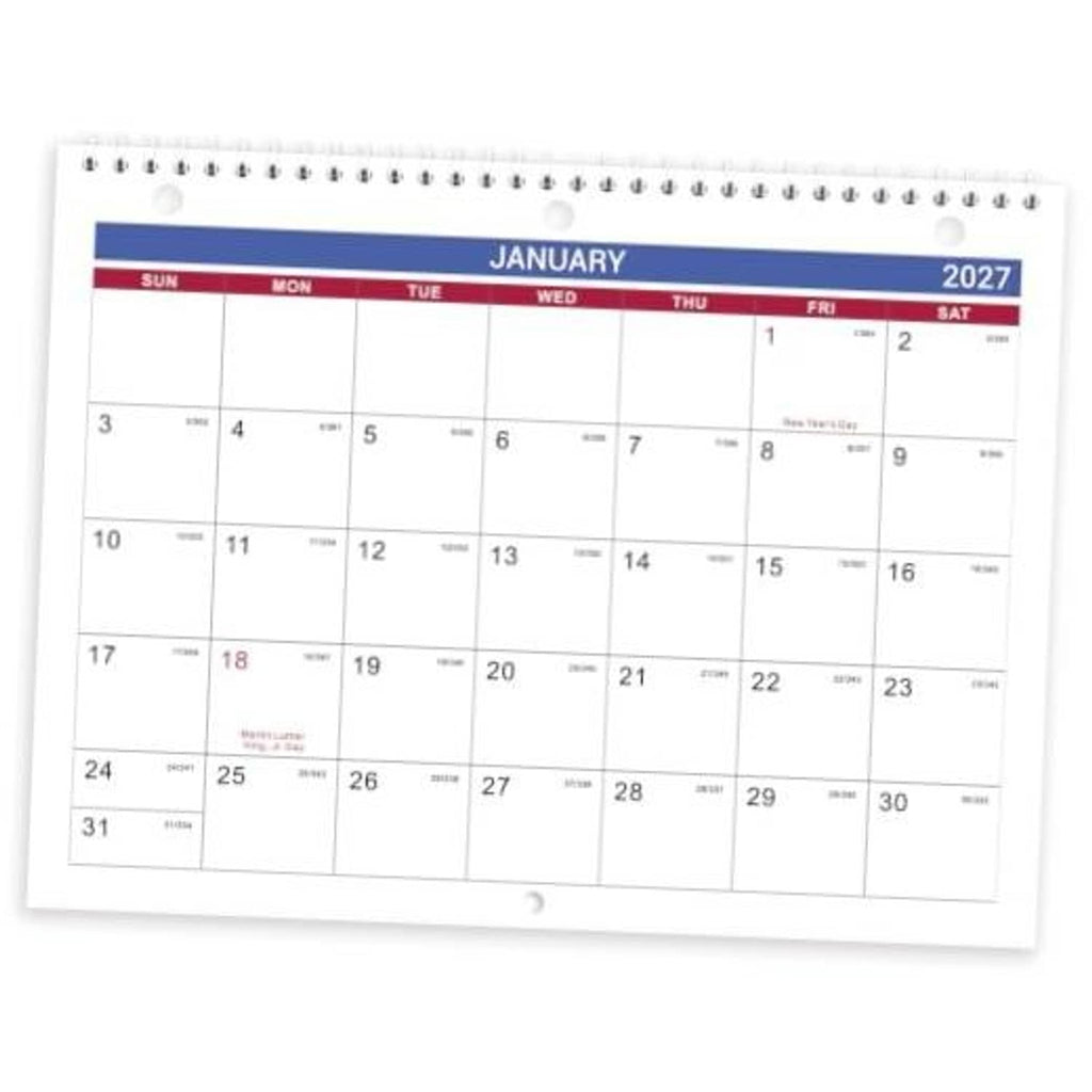 Spiral-bound wall calendar showing January 2027 in a white monthly date grid.